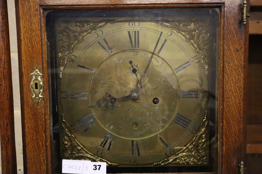 A George III oak eight day longcase clock, the square brass dial marked Brice of Sandwich, height 210cm